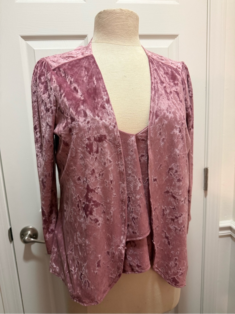 Express Crushed Velvet Open-Front Camisole & Jacket Set in Dusty Mauve